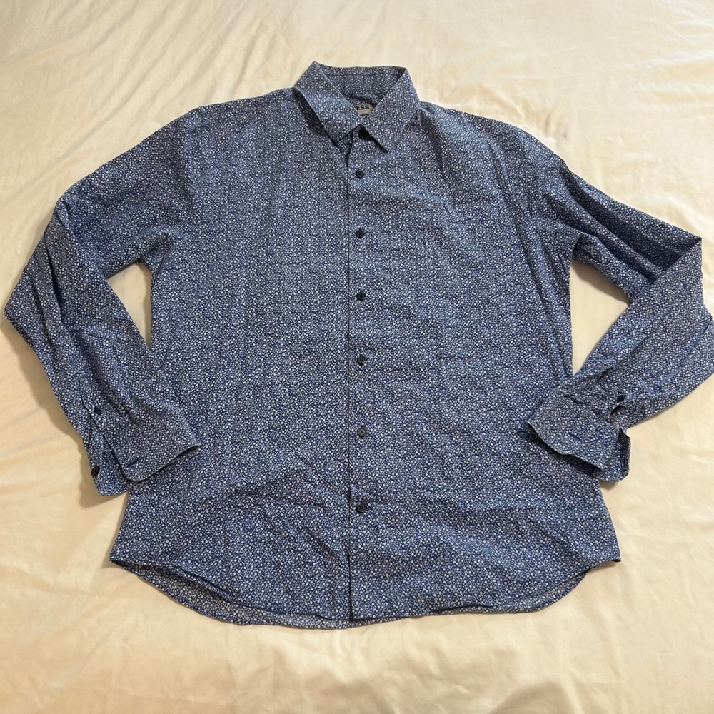Express Fitted Mens Large Blue Floral Ditsy Print Cotton Button Down Shirt L